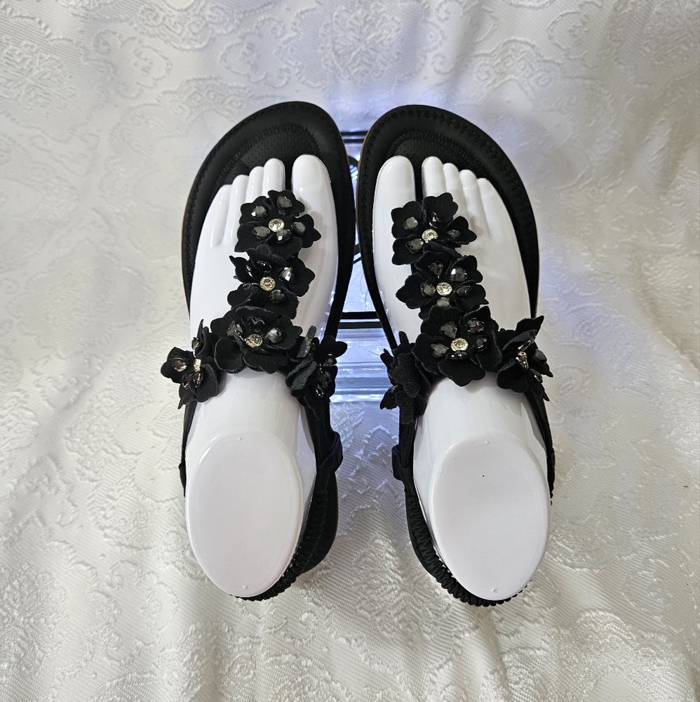 Black T-Strap Floral Beaded Sandals  8.5